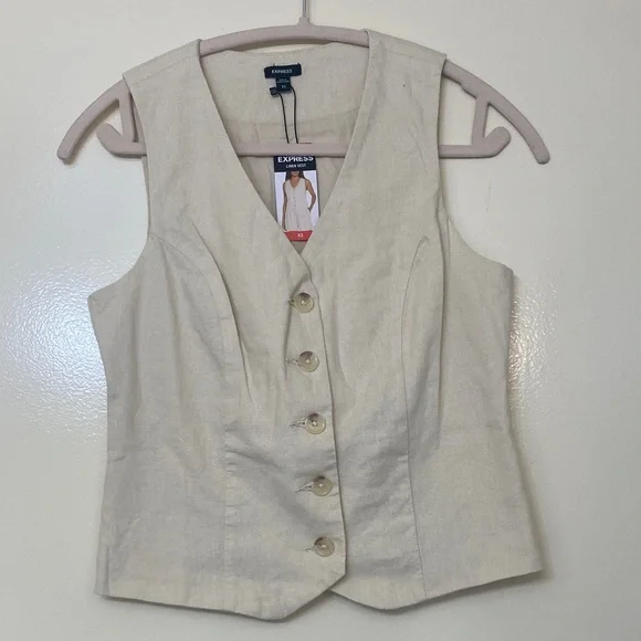Express Beige Button-Front Vest - Picture 2 of 5